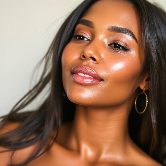A close-up of a woman with flawless, dewy 'glass skin'.